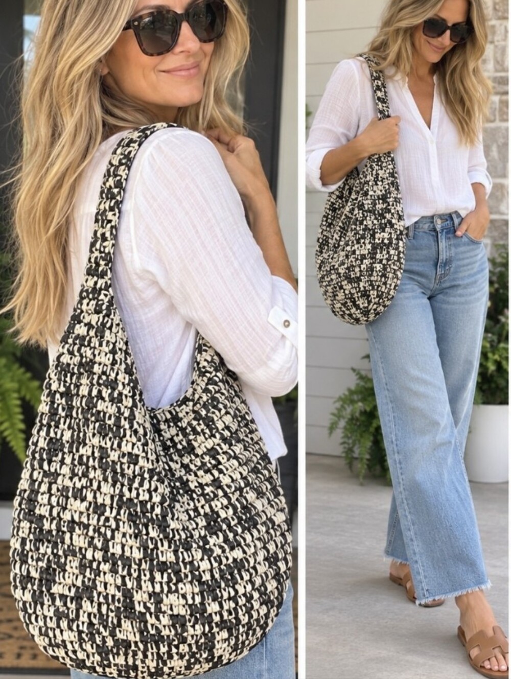 NWOT Banana Republic Raffia Tote Bag Black Cream Marled Handwoven Hobo